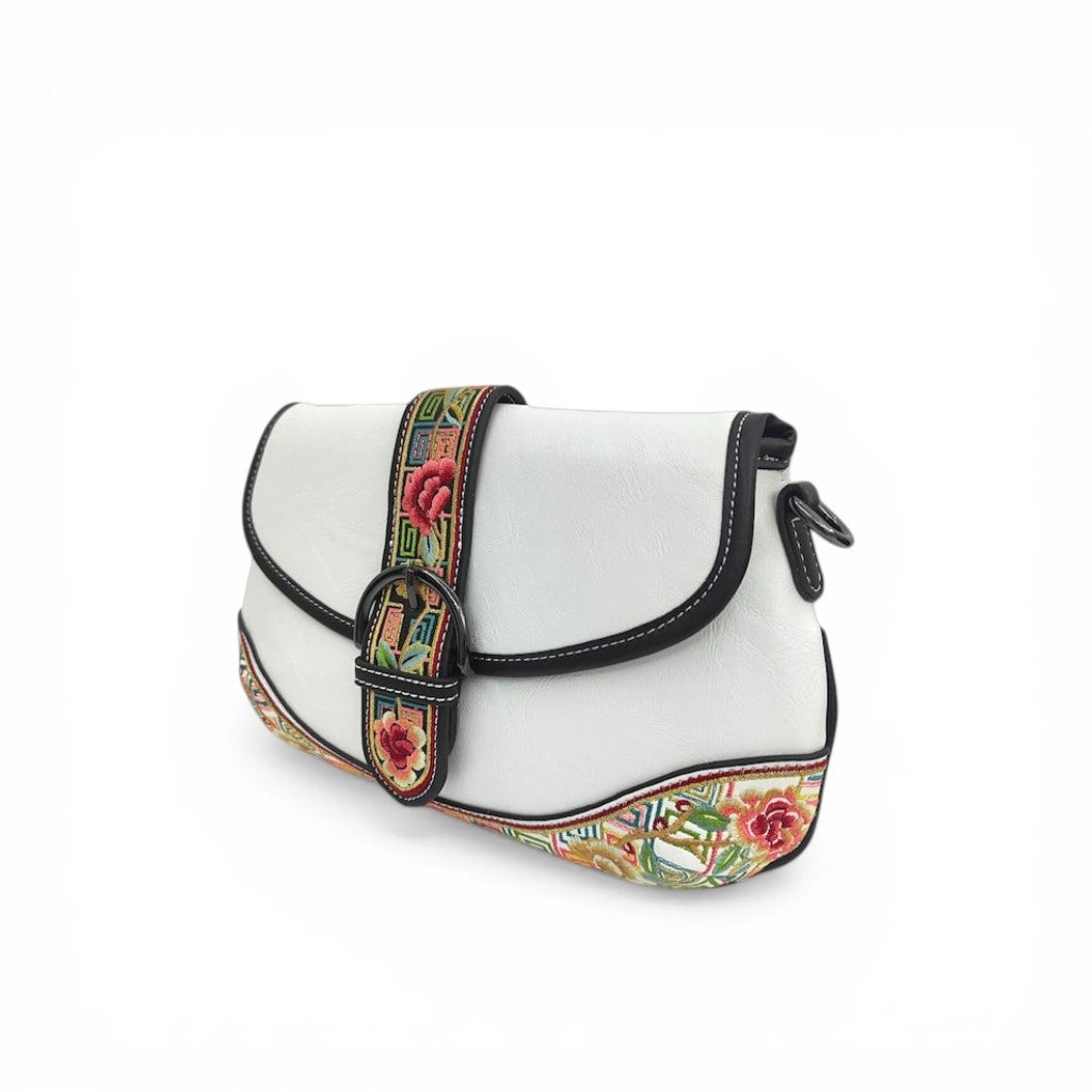 White Floral Embroidered Saddle Crossbody Bag | Chinese Key Pattern PU Leather Purse