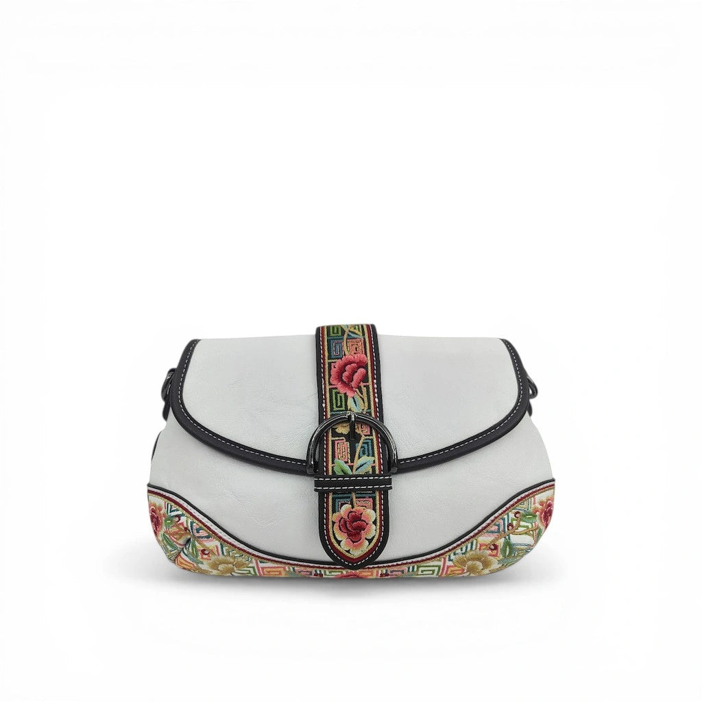 White Floral Embroidered Saddle Crossbody Bag | Chinese Key Pattern PU Leather Purse