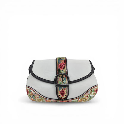 White Floral Embroidered Saddle Crossbody Bag | Chinese Key Pattern PU Leather Purse