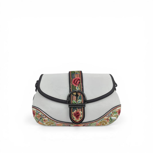 White Designer Floral Handbag | Chinese Key Pattern Embroidered Crossbody PU Leather