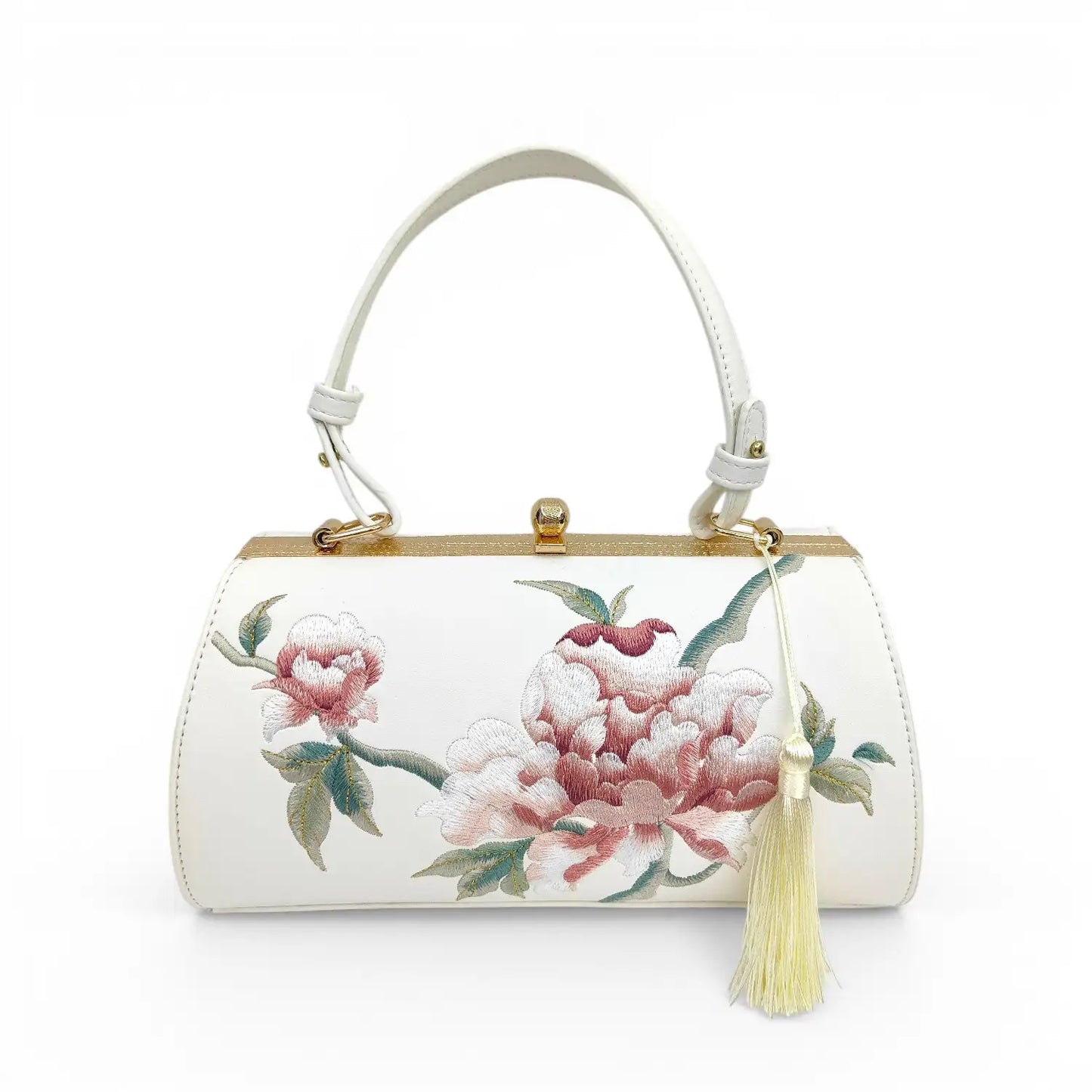 White Vintage Embroidered Peony Frame Clutch Bag with Tassel
