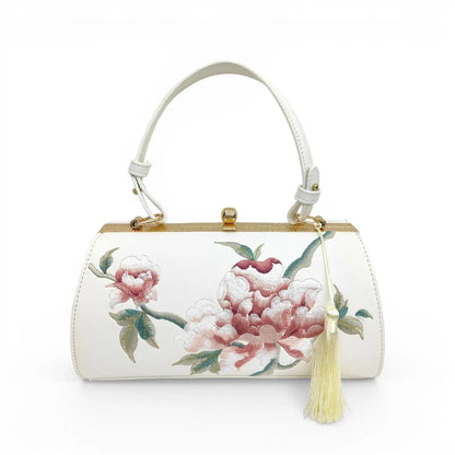 White Vintage Embroidered Peony Frame Clutch Bag with Tassel
